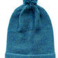 Handmade peacock blue baby hat in soft 100% baby alpaca wool with a pompom, foldable edge, and brown vegan leather label, offering warmth and comfort.